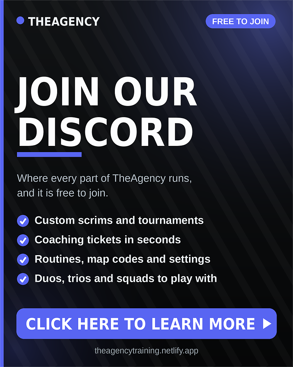 Join our Discord for scrims, tournaments, coaching tickets and duo finding. Free to join. Click here to learn more.