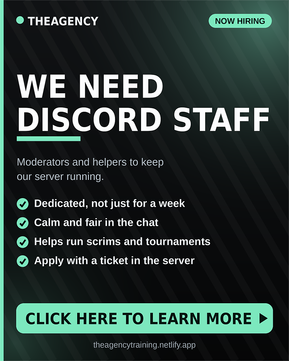 We need Discord staff: moderators and helpers who are active daily, dedicated, fair and calm. Apply with a ticket. Click here to learn more.